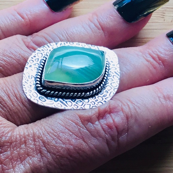 Teal Green Botswana Agate Blended Gemstone Ring Cats Eye Size 9.3/4 - Picture 2 of 7